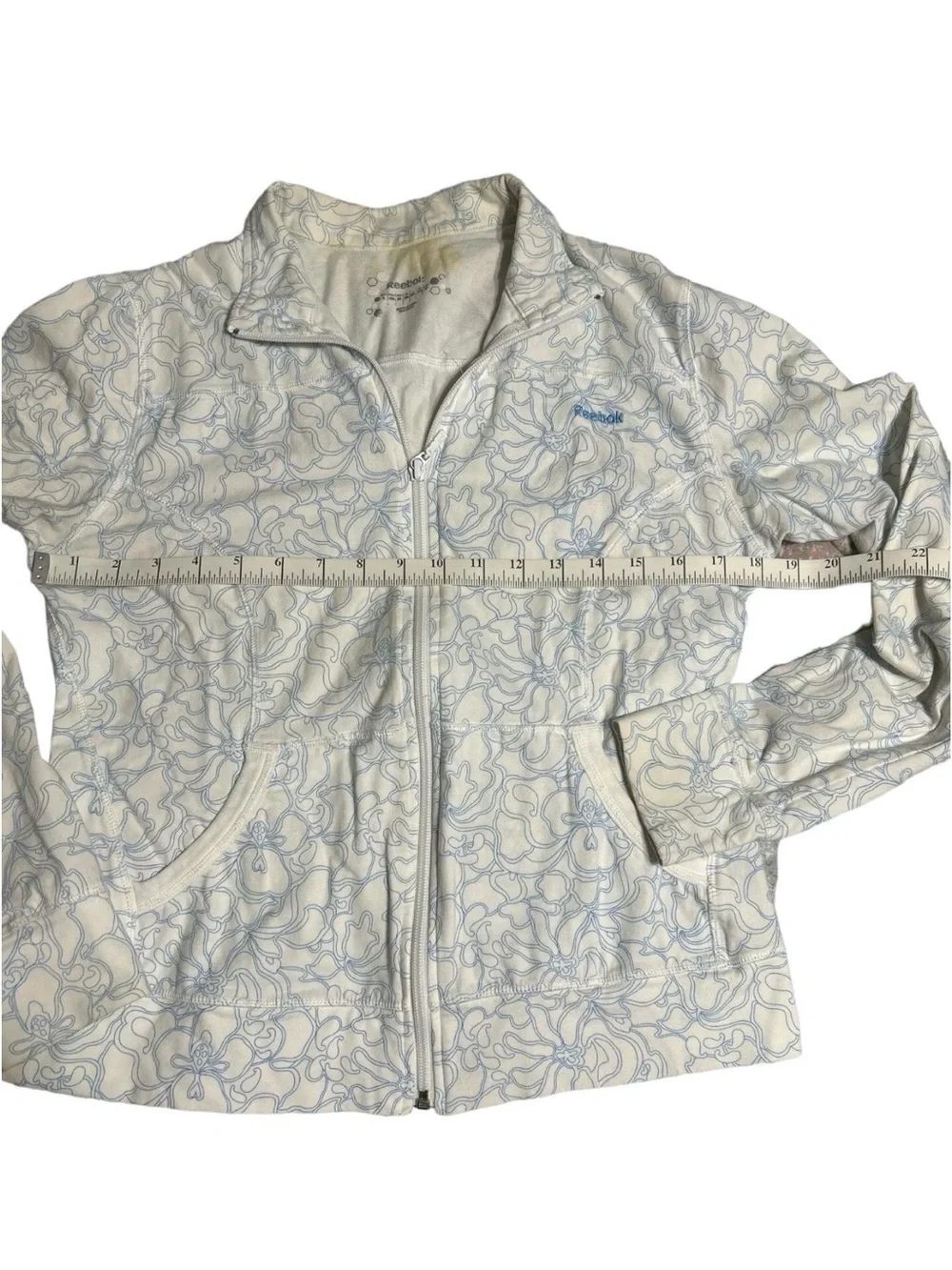 Reebok Women's White Jacket with Light Blue Floral Outline